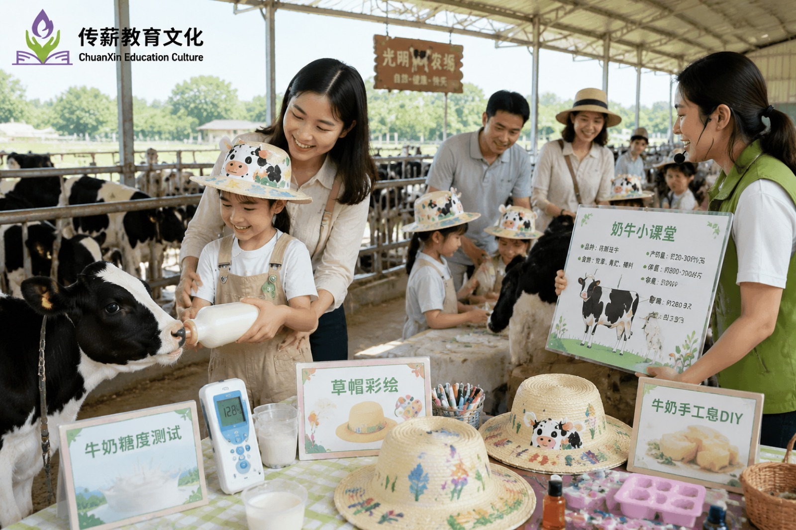 亲子在牧场参加奶牛小课堂