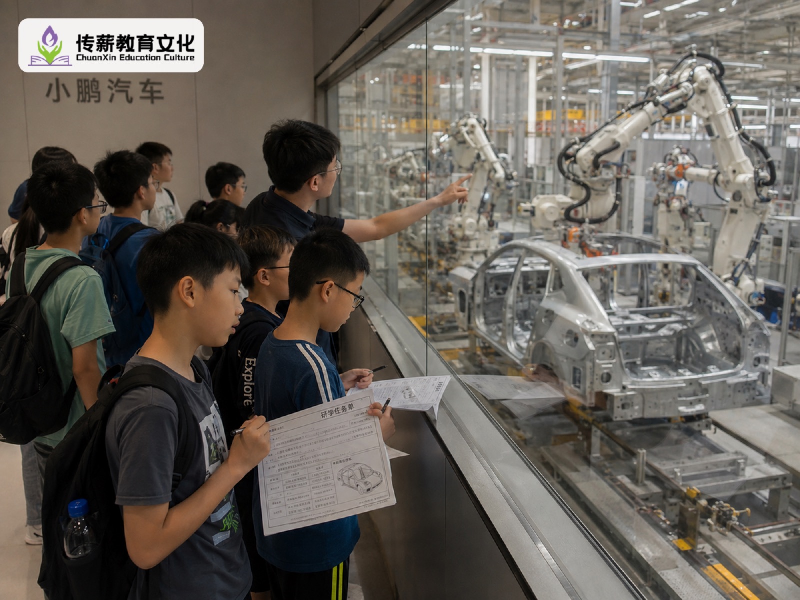 孩子在小鹏汽车研学中完成观察记录