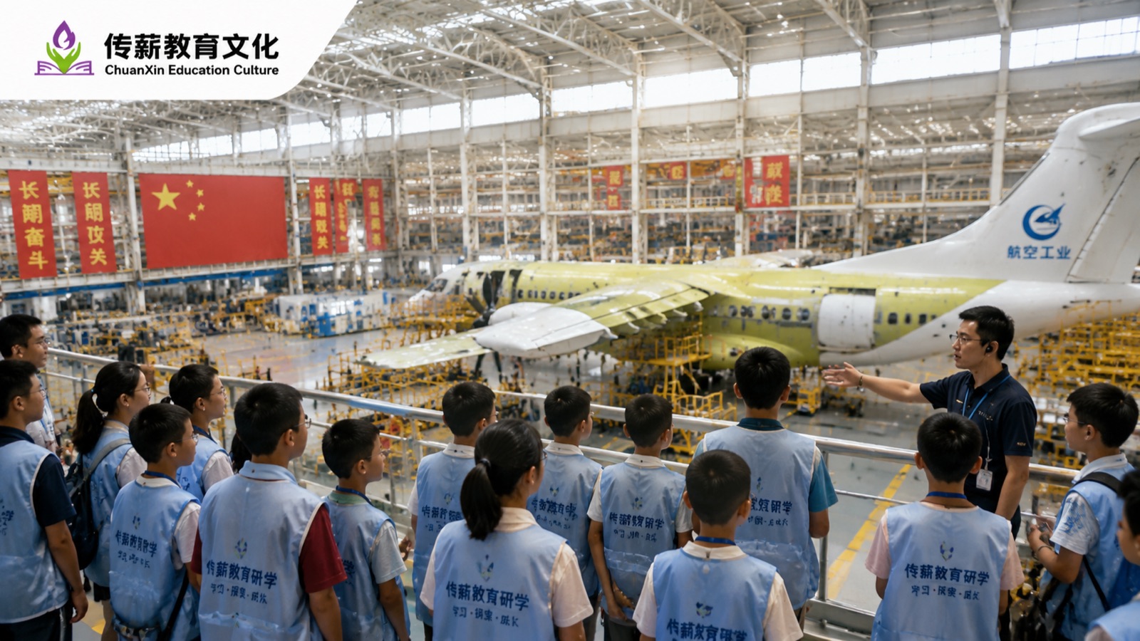 孩子进入航空制造工厂观察飞机生产